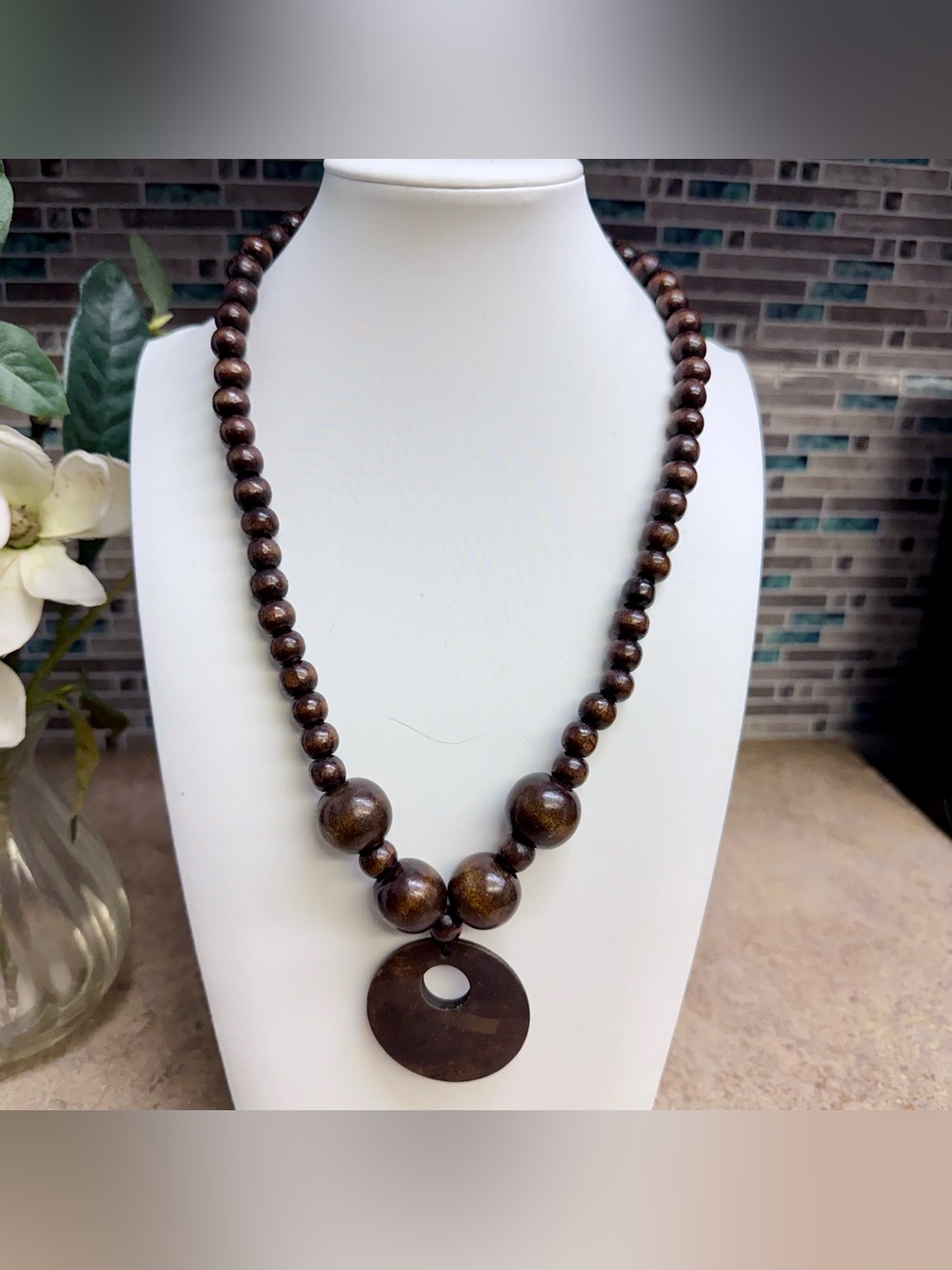 Stretchy boho wood bead necklace